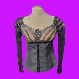Luxe Arden B Goth Fishnet Sleeve Appliqué Frilly Top